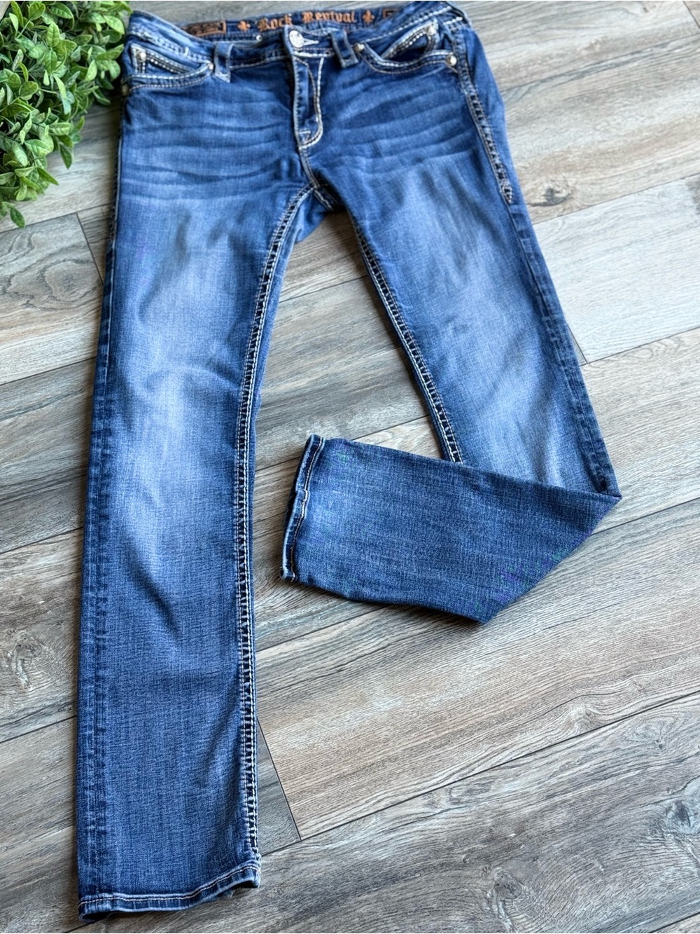 Rock Revival Women's Blue Jeans with Faded Whiskering
